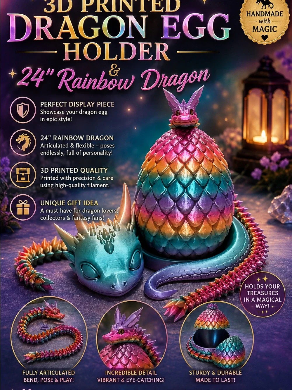 3-D Printed Dragon Egg Holder and 24” Rainbow Dragon